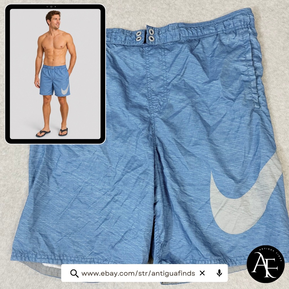 Nike Mens Blue Heathered Swim Trunks Large Swoosh Logo Board Shorts Size S